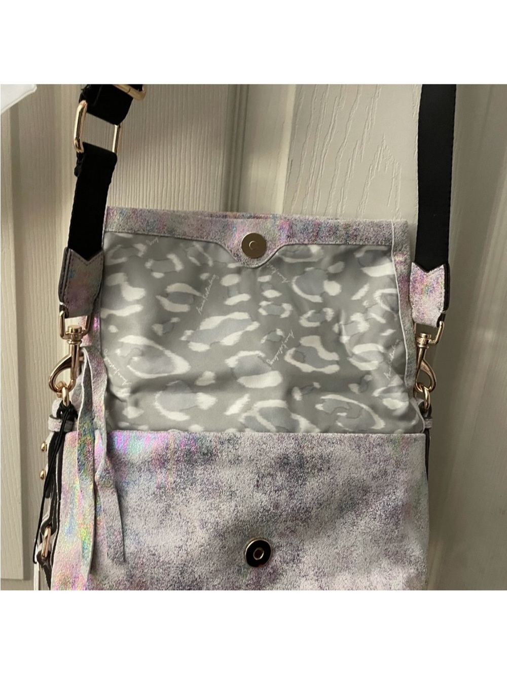 Aimee Kestenberg Iridescent Silver Crossbody with Leopard-Print Lining